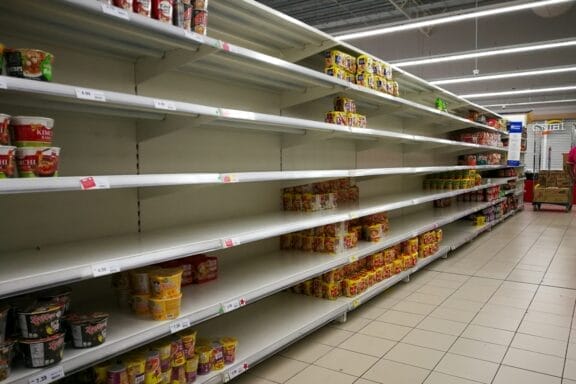 empty shelves at the supermarket hypermarket, shortage of supplies
