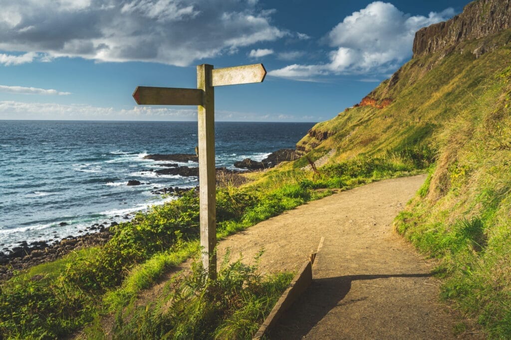Close-up crossroad signpost. Ireland shoreline