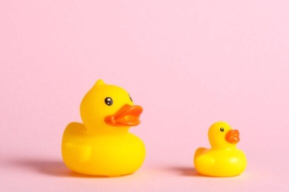 Big and small yellow rubber ducks on pink background